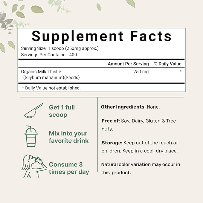 Organic Milk Thistle Tea Powder, 3.5 ounces | Up to 400 Servings | Premium Milk Thistle Liver Detox Supplement | Contains 80% Active Silymarin | Non-GMO, Vegan Friendly, Eco-Friendly Recyclable Bags