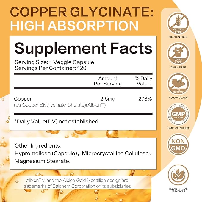 LIIFE Albion Chelated Copper 2.5mg, Copper Supplements, Supporting Red Blood Cells, Collagen, and Energy Production, 120 Veggie Capsules