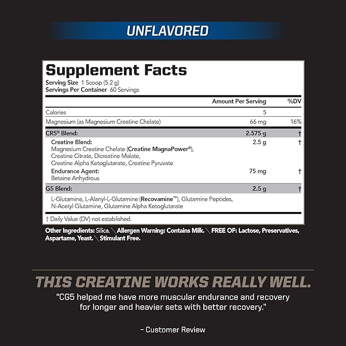 PMD Sports CG5 Premium Creatine & L Glutamine Powder, Power Recovery, Build Lean Muscle, Increase Workout Performance, Maximum Strength Pre Workout & Post Workout, Unflavored, 60 Servings (Pack of 2)