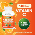Purely Holistic Vitamin C 1000mg, 365 Capsules, 12 Month Supply, 2 Stage Timed Release with Ascorbic Acid, Rosehip & Acerola Cherry Bioflavonoid, Immune System Support, Vegan