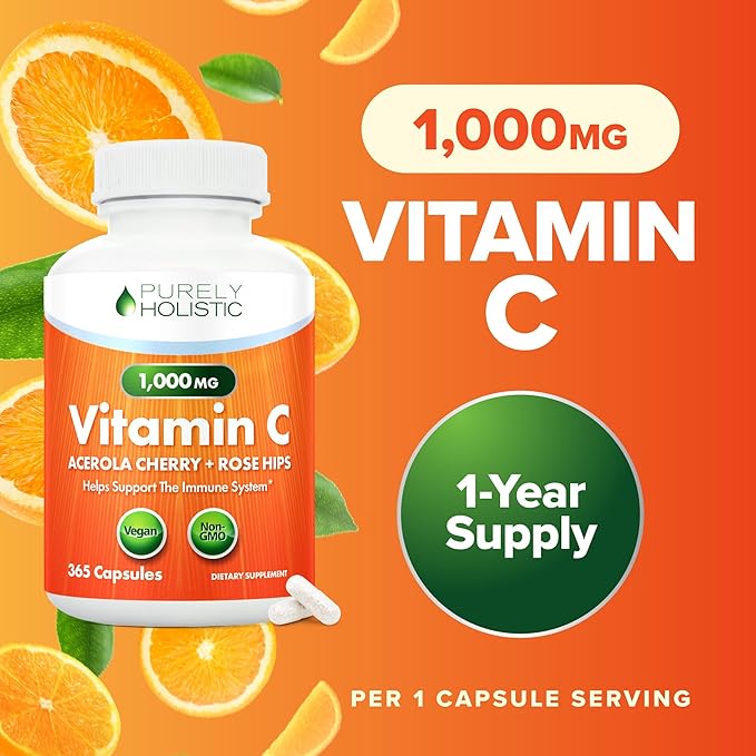 Purely Holistic Vitamin C 1000mg, 365 Capsules, 12 Month Supply, 2 Stage Timed Release with Ascorbic Acid, Rosehip & Acerola Cherry Bioflavonoid, Immune System Support, Vegan