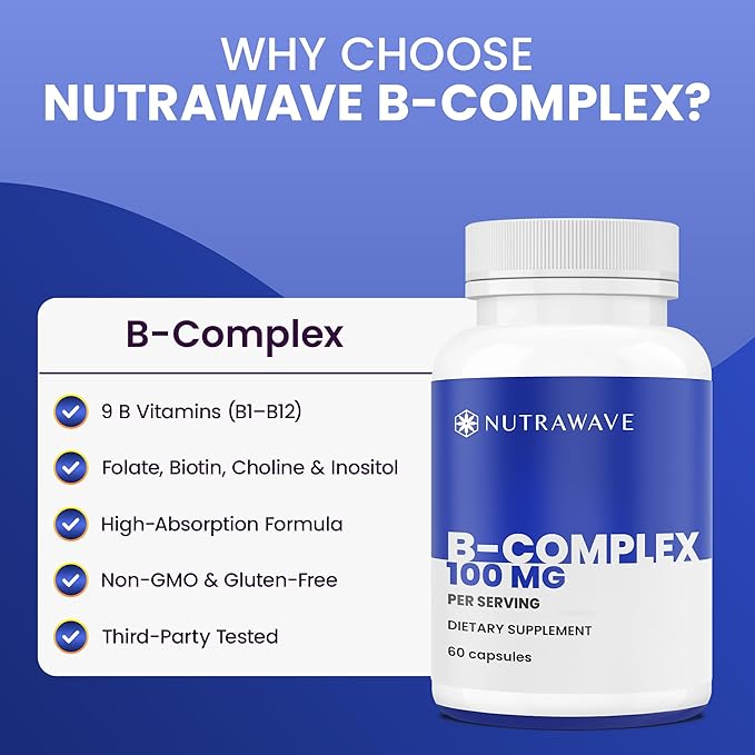 NEW Nutrawave Vitamin B Complex – Super B Vitamins for Women & Men with B1, B2, B3, B5, B6, B7, B9, B12, Choline & Inositol – Supports Energy & Nervous System – Non-GMO, Vegan – 60 Capsules