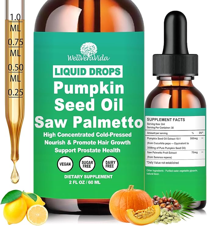 Pumpkin Seed Oil with Saw Palmetto Drops-High Concentrated Pumpkin Seeds Oil Supplement for Hair, Bladder & Prostate Health丨 Cold Pressed, High Absorption Liquid for Women & Men丨NON-GMO, Vegan, 2Fl Oz