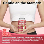 Iron Supplement for Women & Men Gummies, Multivitamin Blood Builder Iron Supplement with Folate Vitamin C B12 B6 Zinc for Adults & Kids - Energy Support - Peach Flavor, Vegan 60 Gummies