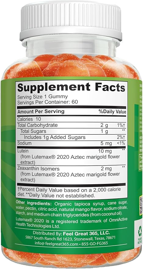Feel Great Kids Gummy Vitamins for Eyes | Essential Eye Vitamins Lutein and Zeaxanthin | Mango Flavored Vegan Eye Vitamins for Kids | Gluten Free | 60 Day Supply