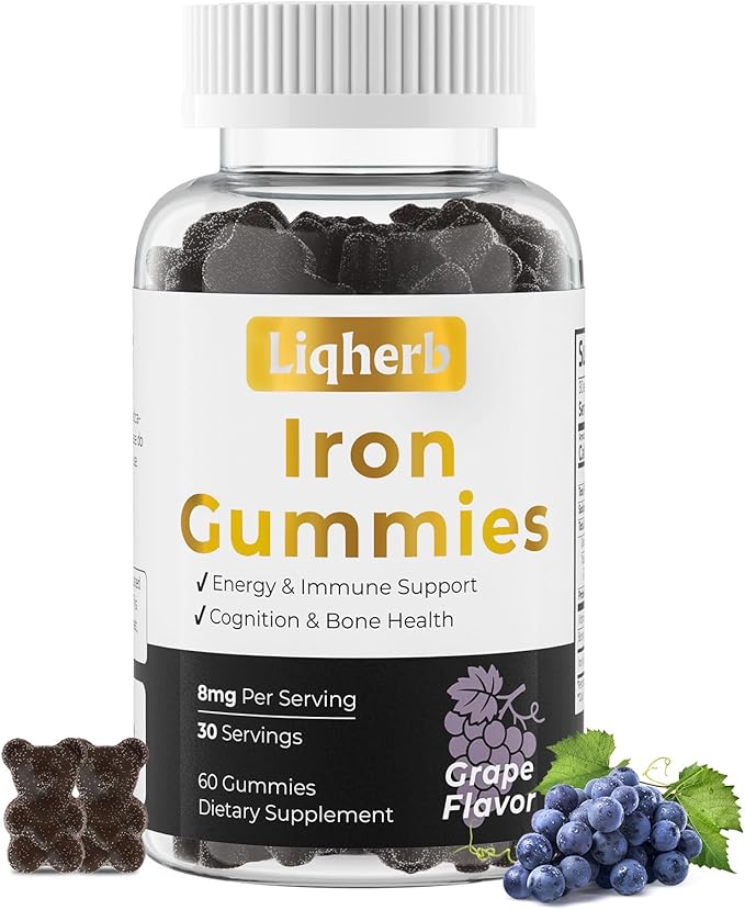 8mg Iron Supplement Gummies for Women & Men, with Boron & Vitamin C, Energy & Immune System Supports, Cognitive & Bone Health, Delicious Grape Flavor, Vegan, Non-GMO, Gluten Free, 60