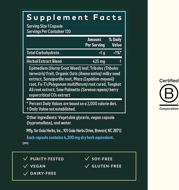 Gaia Herbs Male Libido - Herbal Supplement with Saw Palmetto, Horny Goat Weed & Oats - Traditional Herbs to Support Vitality & Energy Levels for Men - 120 Vegan Liquid Phyto-Capsules (120 Servings)