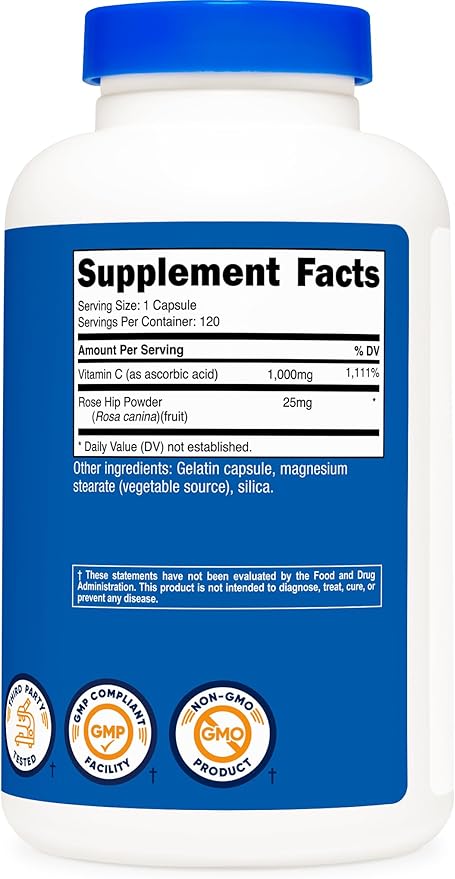Nutricost Vitamin C with Rose Hips 1025mg, 120 Capsules - Vitamin C 1000mg, Rose Hips 25mg, Premium, Non-GMO, Gluten Free Supplement