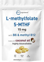 Micro Ingredients L Methylfolate 15mg, 240 Softgels | Active 5-MTHF with B6 & Methyl B12 | Methylated Vitamin B9 with Coconut Oil