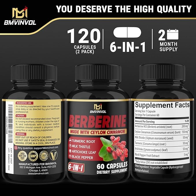 (2 Packs) Berberine Supplement Plus Ceylon Cinnamon, Turmeric - 120 Capsules - Supports Immune Function - Berberine HCl Supplement Pills - 4 Months Supply
