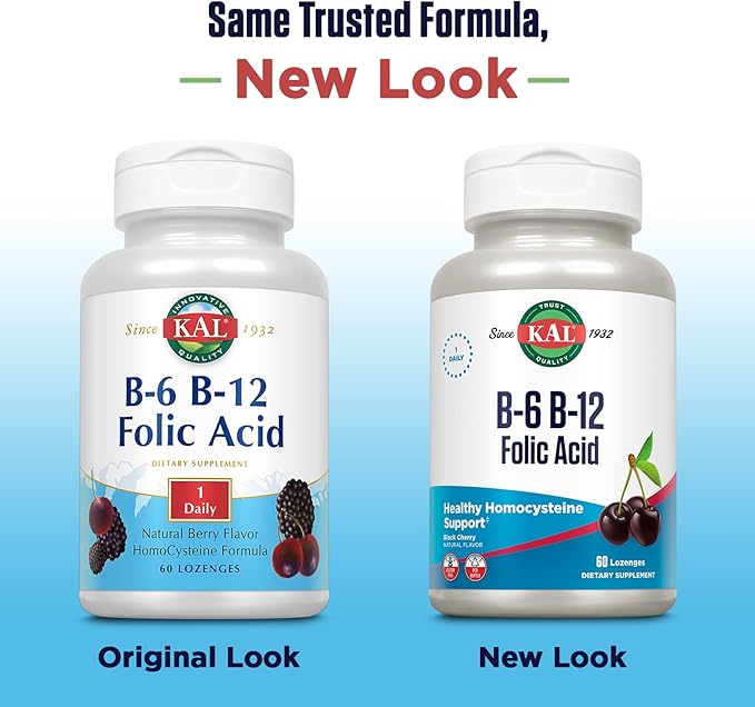 KAL Vitamin B-6 B-12 Folic Acid Supplement, B Vitamins for Healthy Energy, Heart & Red Blood Cell Support, w/Vitamin B12 Methylcobalamin and Folate, Natural Cherry, Gluten Free, 60 Serv, 60 Lozenges