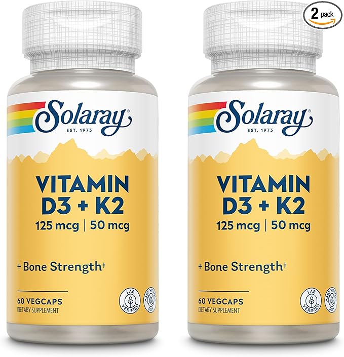 SOLARAY Vitamin D3 + K2, D & K Vitamins for Calcium Absorption and Support for Healthy Cardiovascular System & Arteries, Non-GMO & No Soy