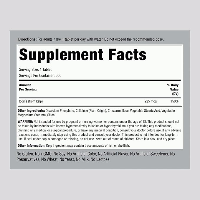 Piping Rock Sea Kelp Iodine Supplement | 225 mcg | 500 Tablets | Non-GMO, Gluten Free