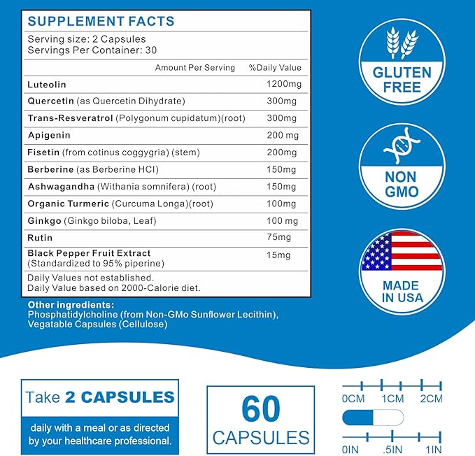1200MG Liposomal Luteolin Supplement - Maximum Absorption, Antioxidant Boost for The Brain 120 Capsules