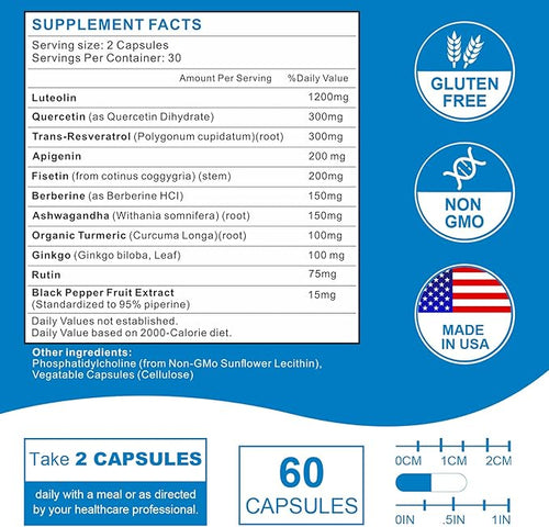 1200MG Liposomal Luteolin Supplement - Maximum Absorption, Antioxidant Boost for the Brain 60 Capsules