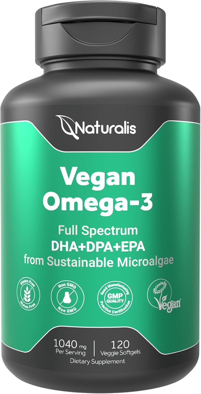 Naturalis Vegan Omega 3 DHA, EPA & DPA from Algae | Vegan Society Certified, Sustainably Sourced, True Full Spectrum | 120 Veggie Softgels (Carrageenan Free)