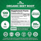 Zazzee USDA Organic Beet Root 20:1 Extract, 120 Vegan Quick Release Capsules, 4 Month Supply, Nitric Oxide Support, Black Pepper Extract for Enhanced Absorption, Certified Kosher, Non-GMO, Made in USA
