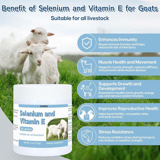 Selenium & Vitamin E Powder for Goat, Selenium Supplement for Goats, Immune System, Muscle Support & Relieve Stress Response, Selenium, Vitamin E Supplements, Goat Minerals, Suitable for All Livestock