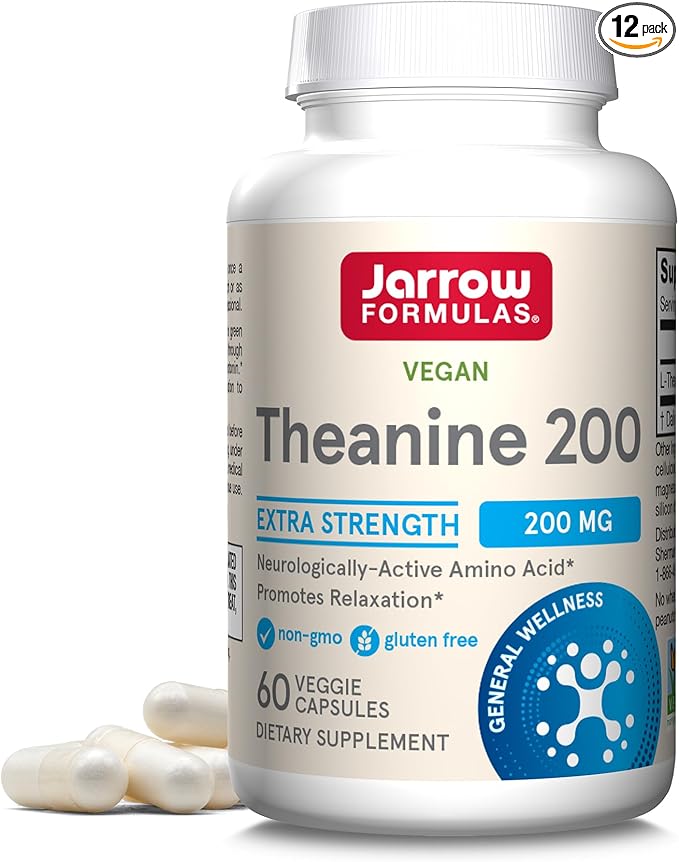 Jarrow Formulas Extra Strength L Theanine 200mg Dietary Supplement that Promotes Relaxation, Supplement for Relaxation Support, 60 Veggie Capsules, 60 Day Supply (Pack of 12)