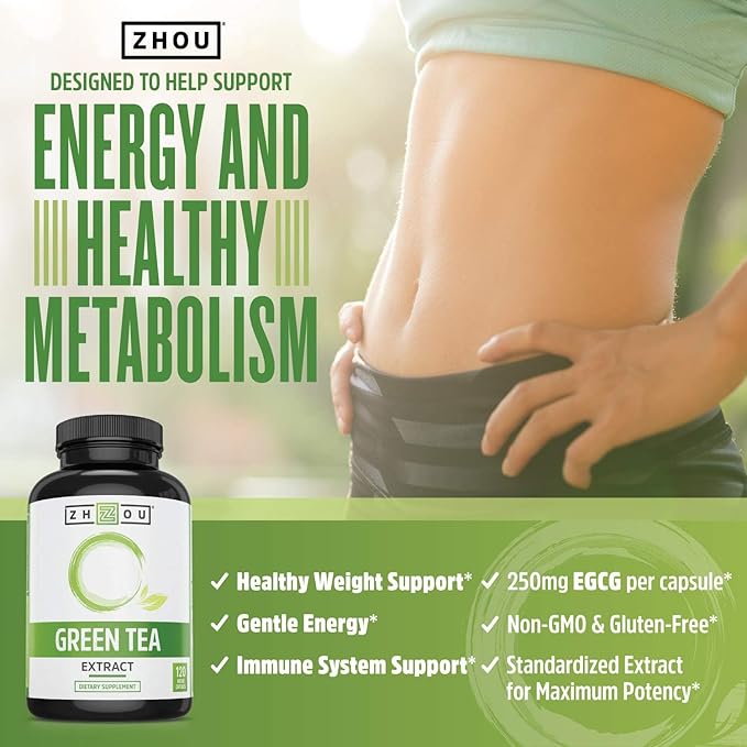 Zhou Green Tea Extract Capsules with EGCG, Natural Energy, Mental Focus, Immune Health, Antioxidant and Heart Support, Non-GMO, Vegan, Gluten Free, 120 Capsules