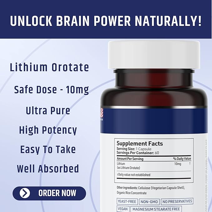 Lithium Orotate 10mg per Capsule - 60 Vegetarian Capsules. Memory and Emotional Wellness Support - Magnesium Stearate Free - 2 Months Supply of Lithium Supplement.