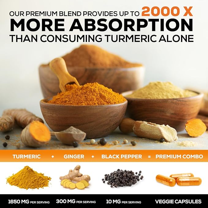 Turmeric Curcumin Supplement - 95% Curcuminoids with Organic Turmeric & Ginger, BioPerine Black Pepper Extract for Best Absorption, Natural Vegan Joint Support, Non-GMO, Bottled in USA - 120 Capsules