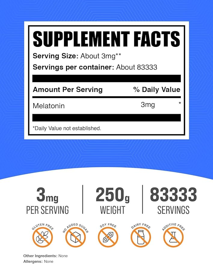 BulkSupplements.com Melatonin Powder - Pure Melatonin, Sleep Aid for Adults - Vegan & Gluten Free, 3mg per Serving, 250g (8.8 oz) (Pack of 1)