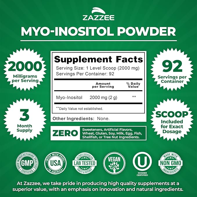 Zazzee Myo-Inositol Powder, 3 Month Supply, 92 Servings, 2000 mg per Serving, Free Scoop for Exact Dosage, 6.49 Ounces, Certified Kosher, 100% Pure, Fertility & Reproductive Support, Made in the USA