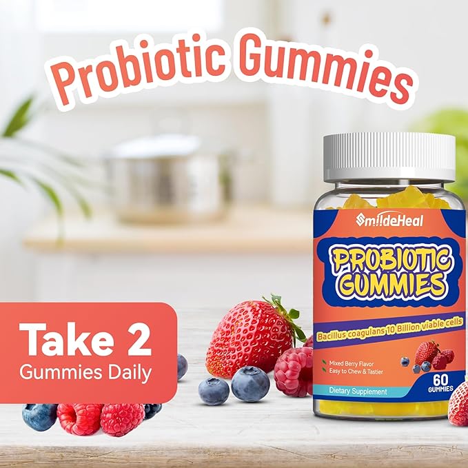 Probiotic Gummies for Digestive Health - 10 Billion CFU Bacillus Coagulans - Vegan & Non-GMO - Immune & Digestive Support for Men & Women - Strawberry & Mixed Berry Flavor, 60 Count