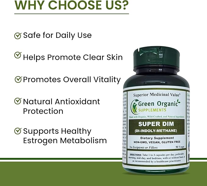 Green Organic Supplements DIM, Diindolylmethane, Indole-3-Carbinol, Broccoli, 90 VCaps, High Absorbable, Non-GMO, Gluten-Free, (Single)