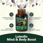 Luteolin Supplement, 98% Ultra-Purity Luteolin Extract – Plant-Based Flavonoid Supplement for Brain Health, Immune Support & Inflammatory Balance – Made in USA, 90 Vegan Capsules