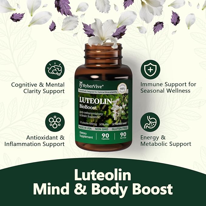 Luteolin Supplement, 98% Ultra-Purity Luteolin Extract – Plant-Based Flavonoid Supplement for Brain Health, Immune Support & Inflammatory Balance – Made in USA, 90 Vegan Capsules