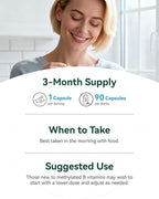 Inner Brightness Vitamin B Complex - Fully Methylated Active B12, B6, Folate - for Energy, Focus, Mood & Nerve Health - Non-GMO Vegan Gluten-Free with B1, B2, B3, B5, B7-90 Capsules for 3 Months