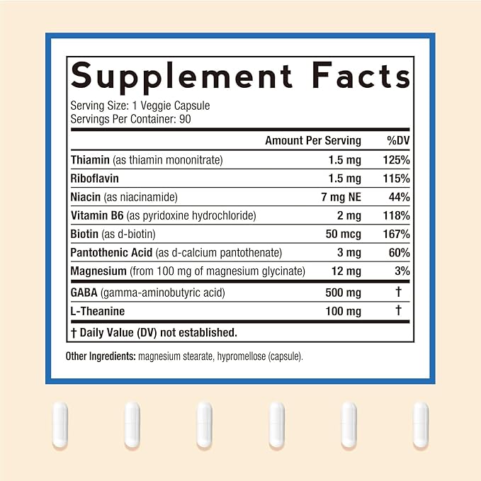 Doctor's Recipes GABA Magnesium Glycinate L-Theanine Supplement, GABA (Gamma-Aminobutyric Acid) 500mg, Vitamin B6, B1, B2, B3, B5, Biotin, Calm, Sleep, Relaxation, Mood Support, 90 Veggie Capsules