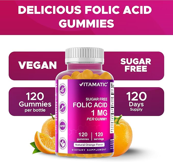 Vitamatic Folic Acid Gummies 1000 mcg (1 mg) - an Essential Prenatal Vitamins for Mom & Baby - Vitamin B9-120 Vegan Gummies (1)