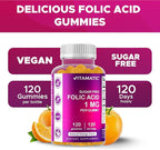 Vitamatic Folic Acid Gummies 1000 mcg (1 mg) – Essential Prenatal Vitamin B9 for Mom & Baby – 120 Vegan Gummies per Bottle – 2 Pack