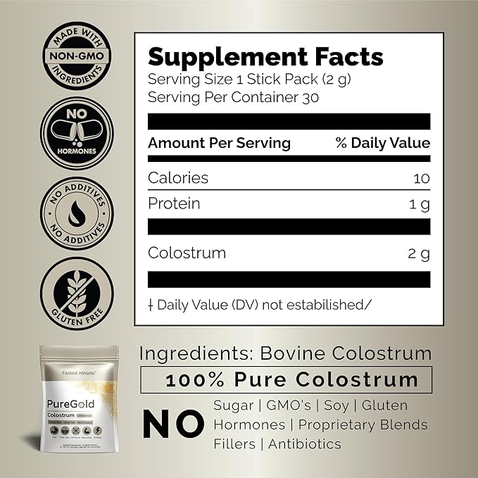 PureGold - Bovine Colostrum Powder - 100% Pure New Zealand Grass Fed, Supports Gut Health, Skin, Hair, & Immunity – Colostrum Supplement, Unflavored, 30 Travel Packets