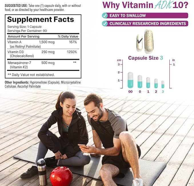 ADK10 – Vitamins A, D3 250 mcg & K2 MK-7 for Bone, Heart & Immune Health – Non-GMO, Gluten-Free, Soy-Free – 90 Capsules (3-Month Supply)