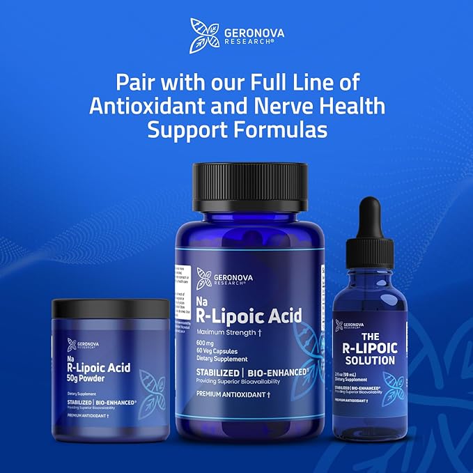 Geronova Research Bio-Enhanced R-Lipoic Acid, 600 mg Dose - 1 Month Supply - Stabilized R Alpha Lipoic Acid with Enhanced Absorption - R Lipoic Acid Supplement - 60 Capsules