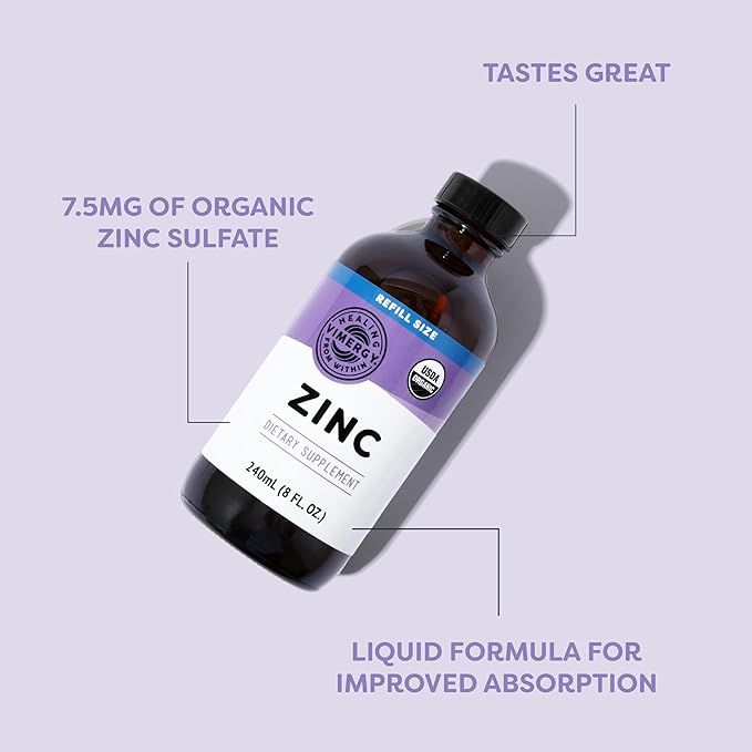 VIMERGY USDA Organic Zinc Supplements for Women & Men (7.5mg Liquid Zinc Per Serving) Fast-Absorbing Immune Support, Promotes Healthy Bones & Skin, Vegan, Up to 120 Servings (240mL)