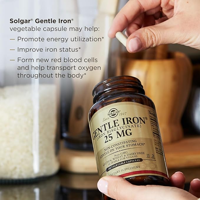 Solgar Gentle Iron 25mg, 90 Vegetable Capsules - Energy, Normal Red Blood Cell Production - Gentle on The Stomach - Non-GMO, Vegan, Gluten Free, Dairy Free, Kosher - 90 Servings