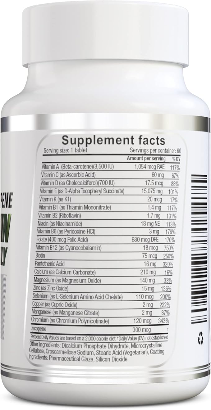 herbolab Multivitamin Once Daily, Max Strength Vitamins A, C, D, E, K, B1, B2, B6, B12, Niacin, Calcium, Magnesium, Zinc, Selenium, Copper, Manganese, Chromium with Lycopene, 60 Count 2 Mo Supply