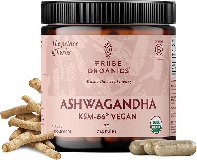 TRIBE ORGANICS Vegan Ashwagandha KSM 66 Pure Organic Root Powder Extract Ayurvedic Supplement - Focus Mood Support Increase Energy Strength 600mg of Natural KSM66 for Superior Absorption - 60 Capsules