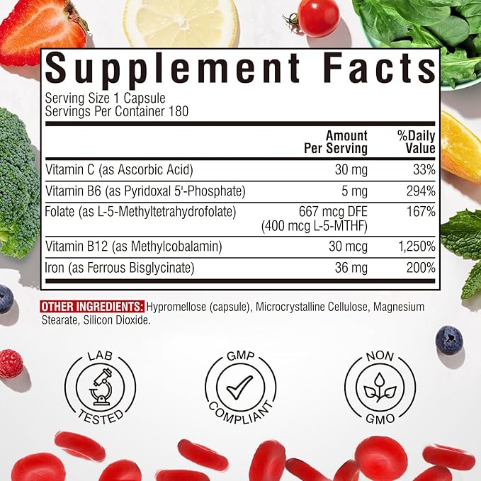 Iron Supplement for Women & Men, with Vitamins C, B6, B12 & Folate for Iron Deficiency, Blood Building & Energy Support, Stomach Friendly, Better Absorption, Non-GMO, No Gluten, 180 Vegan Caps