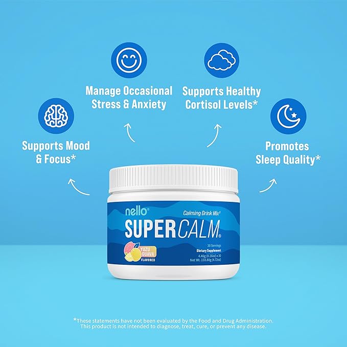 Nello Supercalm Powdered Drink Mix, Yuzu Guava, L Theanine, Ksm-66 Ashwagandha, Magnesium Glycinate, Vitamin D 3, Supplements for Relaxation & Focus, No Sugar, Non GMO, On The Go, 30 Srvgs