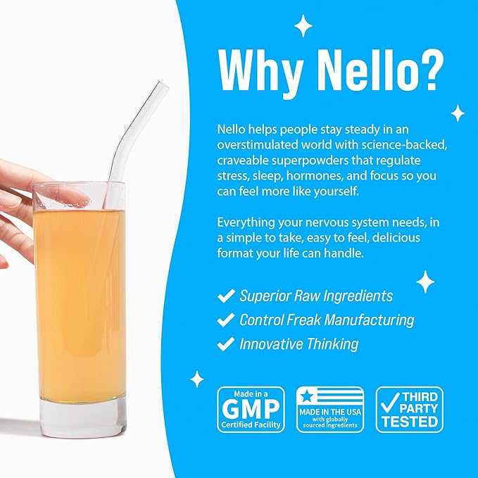 Nello Supercalm Powdered Drink Mix, Cortisol Reducer* and Sleep Aid Supplement, L Theanine, Ksm-66 Ashwagandha, Magnesium Glycinate, Vitamin D 3, No Sugar, Non GMO, 20 Ct, Tropical Tangerine