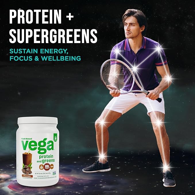 Vega Premium Protein + Supergreens, Chocolate – 20g Vegan Protein, Dairy & Gluten Free, 19.2 oz (16 Servings)