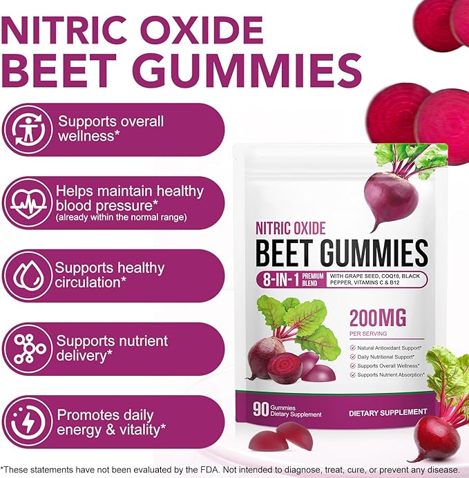 Beet Root Gummies 200mg - 8-in-1 Heart & Circulation Support Supplement - High Potency Beet Chews with Beetroot, Grape Seed, CoQ10, Vitamin C & B12 - Mixed Berry Flavor, Vegan, 90 Count