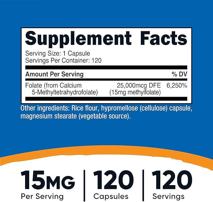 Nutricost L-Methylfolate 15mg, 120 Capsules (5-MTHF) - Vegan, Non-GMO, Gluten Free