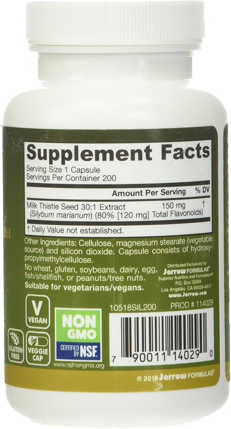 Jarrow Formulas Milk Thistle Supplement 150 mg 30:1 Milk Thistle Extract Standardized to 80% Total Flavonoids,Dietary Supplement for Liver Function Support, 200 Veggie Capsules for 200 Day,(Pack of 2)